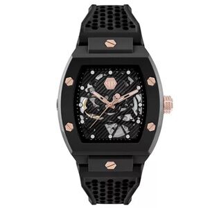 NWT Philipp Plein Skull Watch Black Rubber Band & Rose Gold Colored Accents